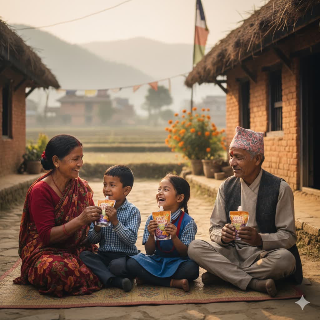 Someone squeezing a pouch directly, lunchbox or on-the-go