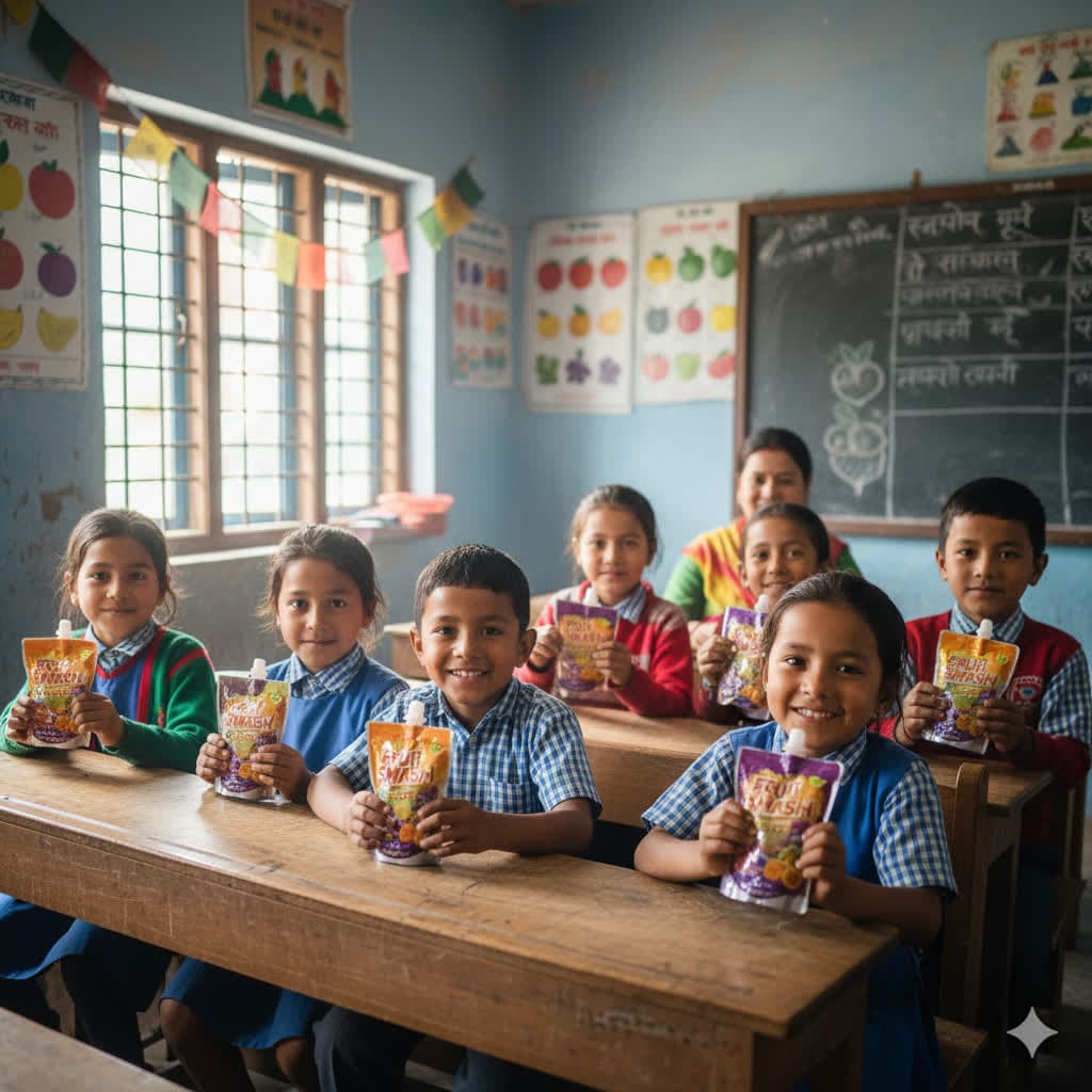 Kids in a classroom, enjoying Fruit Smash pouches